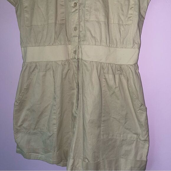 Hunter & Brown M Playsuit Tan Utility Cargo Jumpsuit Poplin Button Collar - Picture 3 of 9